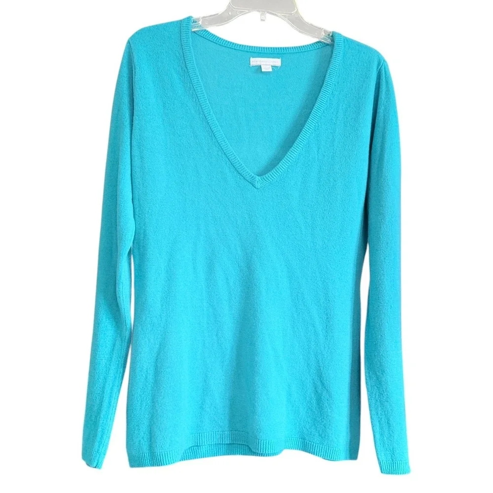 New York & Company Womens Turquoise Blue Deep V-Neck Acrylic‎ Pullover Sweater L